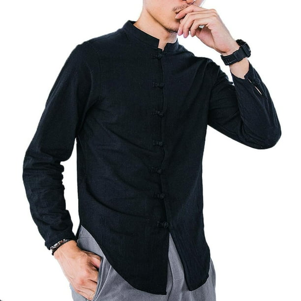 Domple Men Stand Collar Stylish Buttons Linen Long Sleeve Shirts Domple Men Stand Collar Stylish Buttons Linen Long Sleeve Shirts